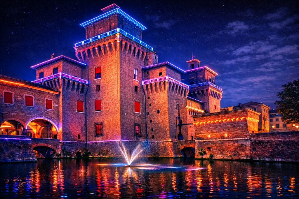 Castello Estense di Ferrara illuminato in stile neon art, con fossato e torri medievali nel centro storico patrimonio UNESCO
