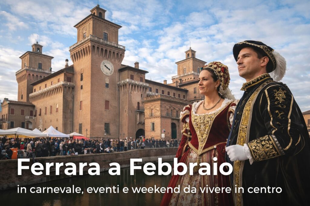 Carnevale a Ferrara a febbraio con figuranti in costume rinascimentale davanti al Castello Estense nel centro storico della città