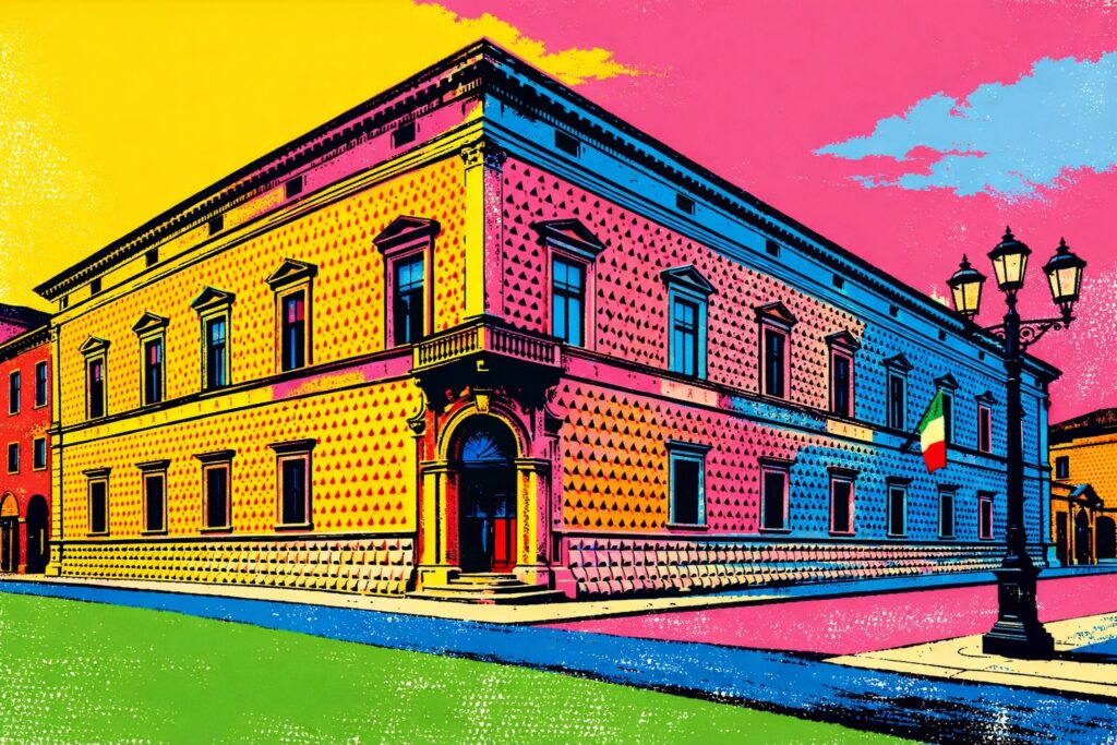 Palazzo dei Diamanti Ferrara centro storico, stile pop art ispirato ad Andy Warhol, sede della mostra dal 14 marzo 2026