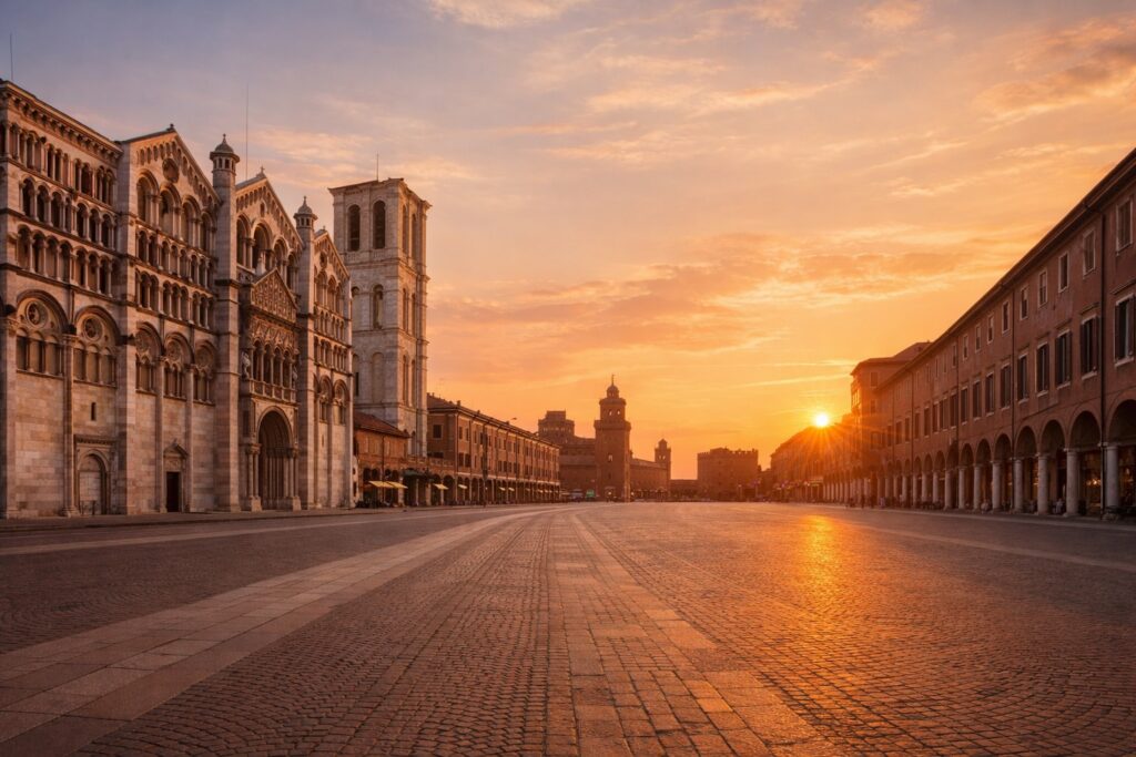 Piazza Trento e Trieste a Ferrara al tramonto con il Duomo e il Castello Estense sullo sfondo, luce primaverile calda e pavimentazione in pietra del centro storico.