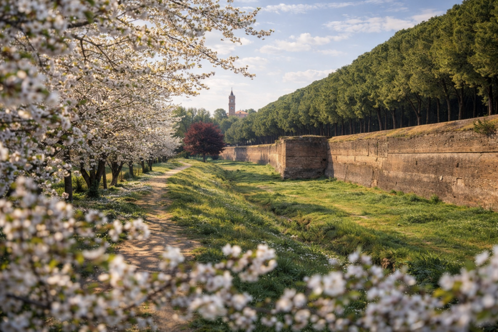 Mura di Ferrara in primavera con alberi in fiore e percorso nel verde lungo il centro storico patrimonio UNESCO