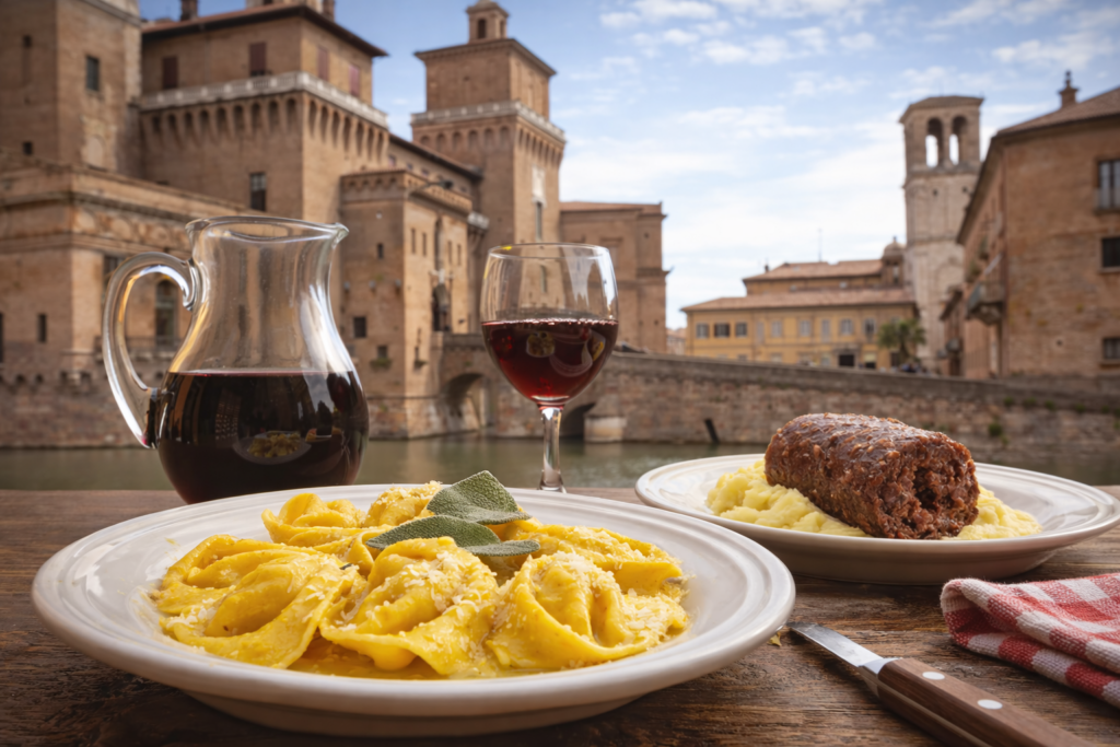Cappellacci di zucca e salama da sugo su tavolo con vista sul Castello Estense nel centro storico di Ferrara