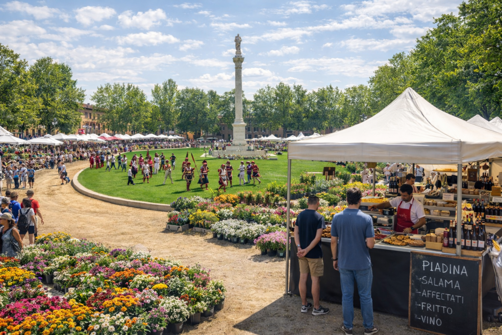 Piazza Ariostea Ferrara in primavera con evento all’aperto, mercato floreale e persone nel centro storico patrimonio UNESCO