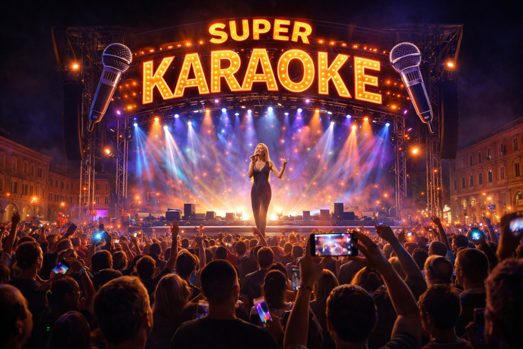 Super Karaoke Ferrara Piazza Trento e Trieste evento musicale 26 e 27 marzo con palco illuminato nel centro storico