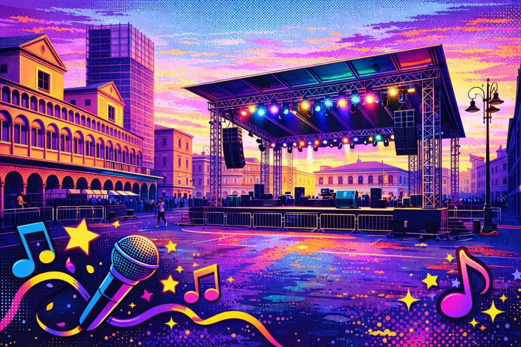 Palco musicale allestito in Piazza Trento e Trieste a Ferrara per gli eventi televisivi Battiti Live Spring e Super Karaoke