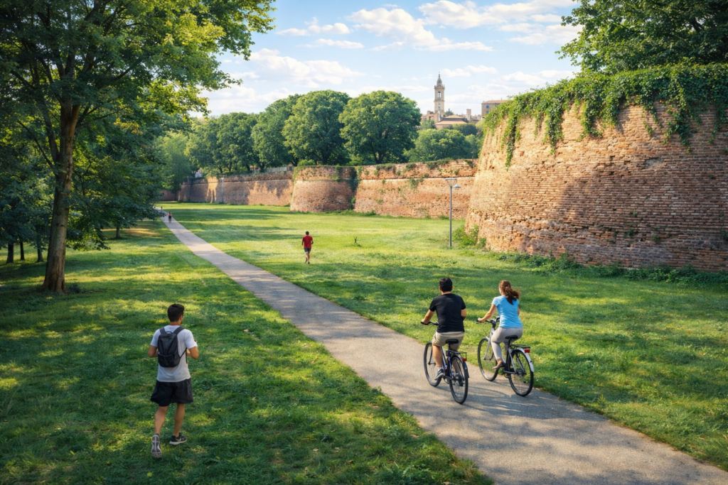 Mura di Ferrara in primavera con persone a piedi e in bicicletta lungo il percorso verde del centro storico patrimonio UNESCO