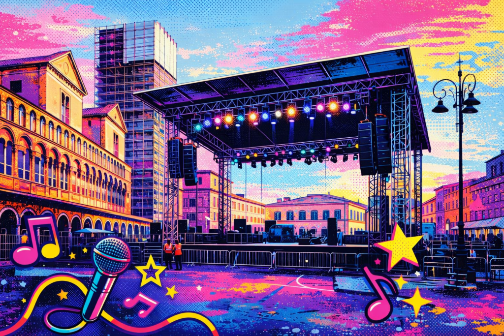 Palco eventi in Piazza Trento e Trieste Ferrara per Battiti Live Spring e Super Karaoke, immagine pop art ispirata alla musica live
