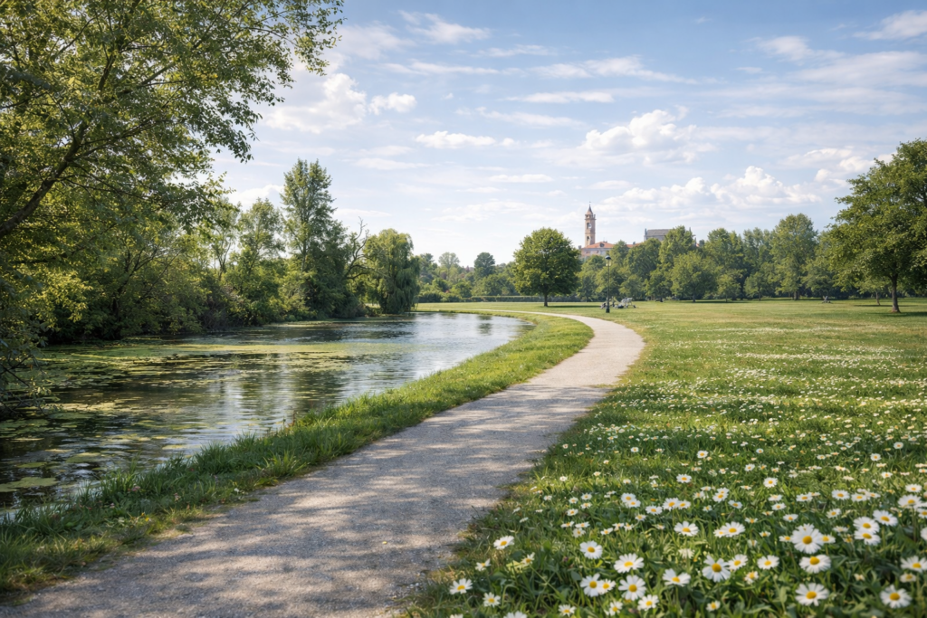 Parco Urbano di Ferrara in primavera con percorso pedonale, prato fiorito e lago, immerso nel verde della città patrimonio UNESCO