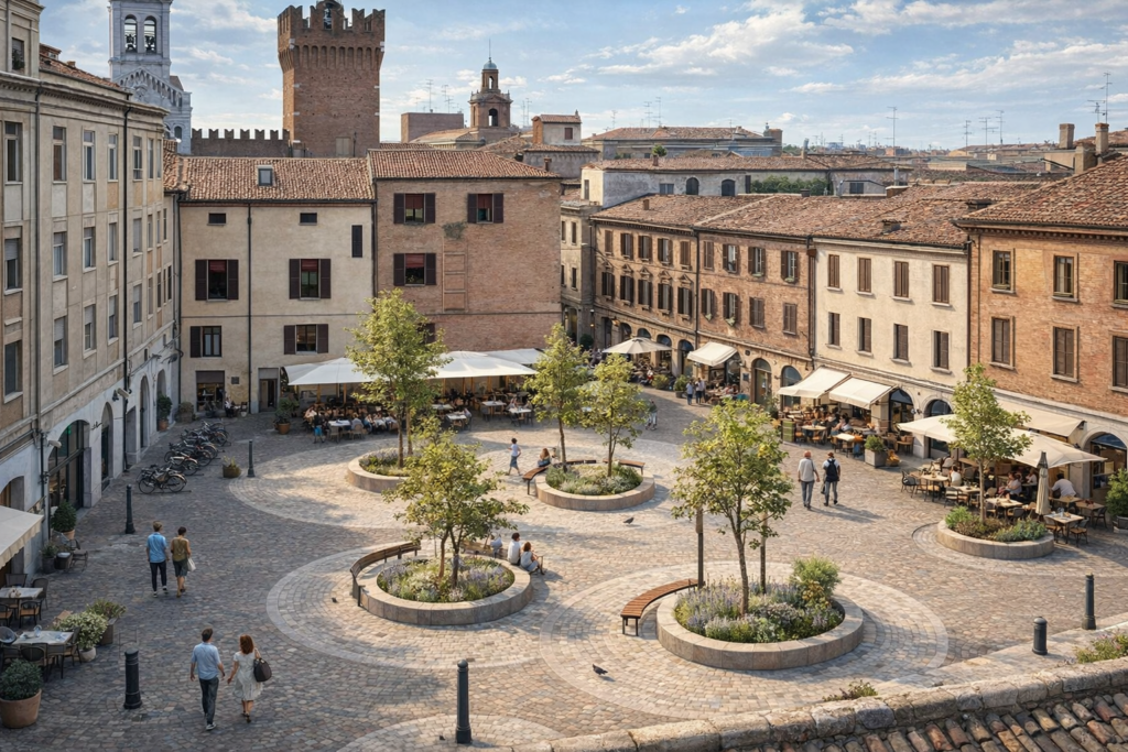 Piazza Cortevecchia a Ferrara rinnovata con alberi, panchine e tavolini all’aperto nel centro storico