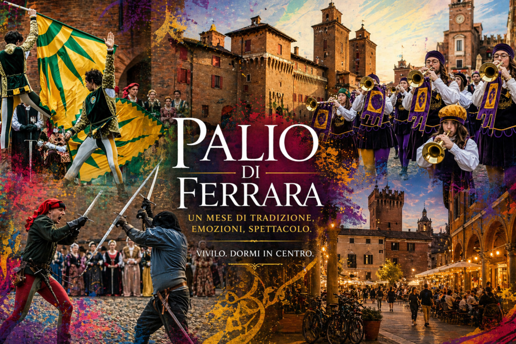 Palio di Ferrara nel centro storico con sfilate, bandiere e duelli medievali davanti al Castello Estense, evento ideale da vivere soggiornando a piedi nel cuore della città