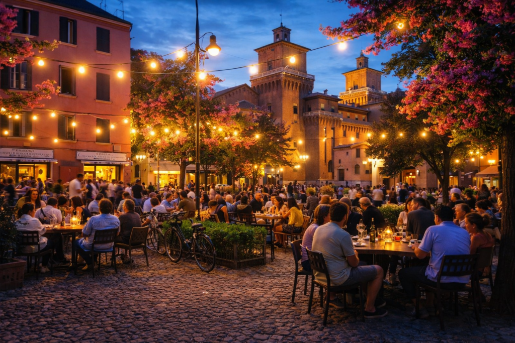 Serata primaverile in Piazzetta della Luna a Ferrara, con locali all’aperto, persone a cena e il Castello Estense sullo sfondo nel centro storico.