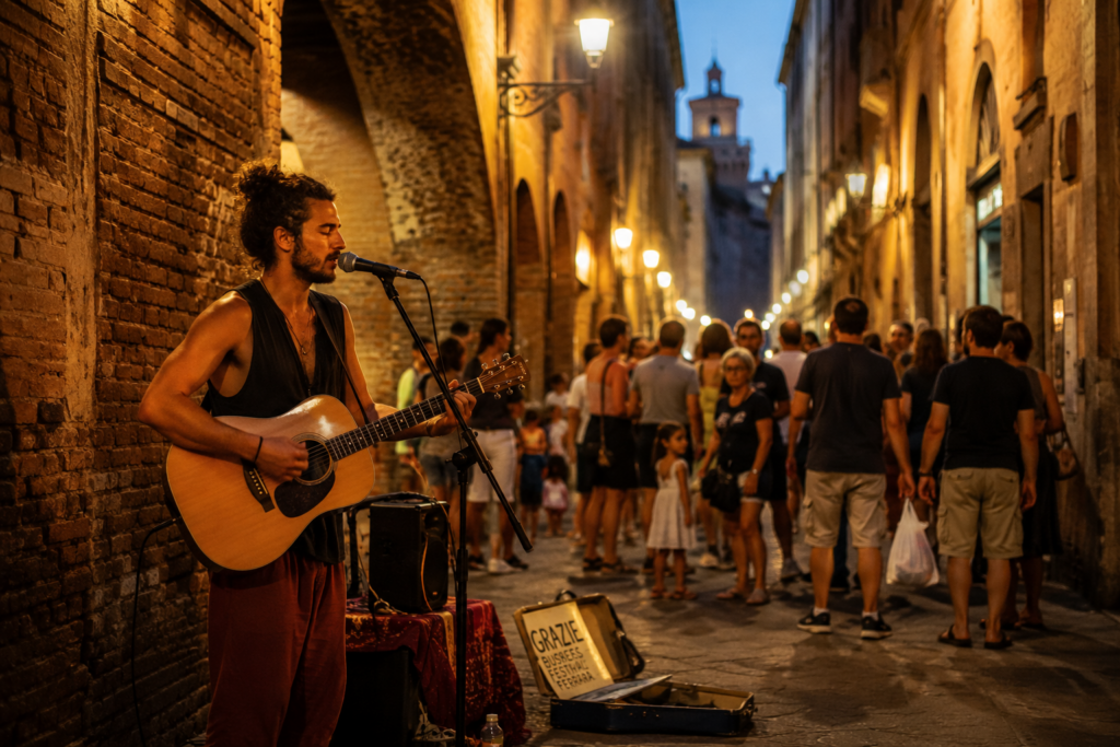 Musicista di strada che si esibisce in Via delle Volte durante una serata del Ferrara Buskers Festival tra il pubblico nel centro storico di Ferrara.